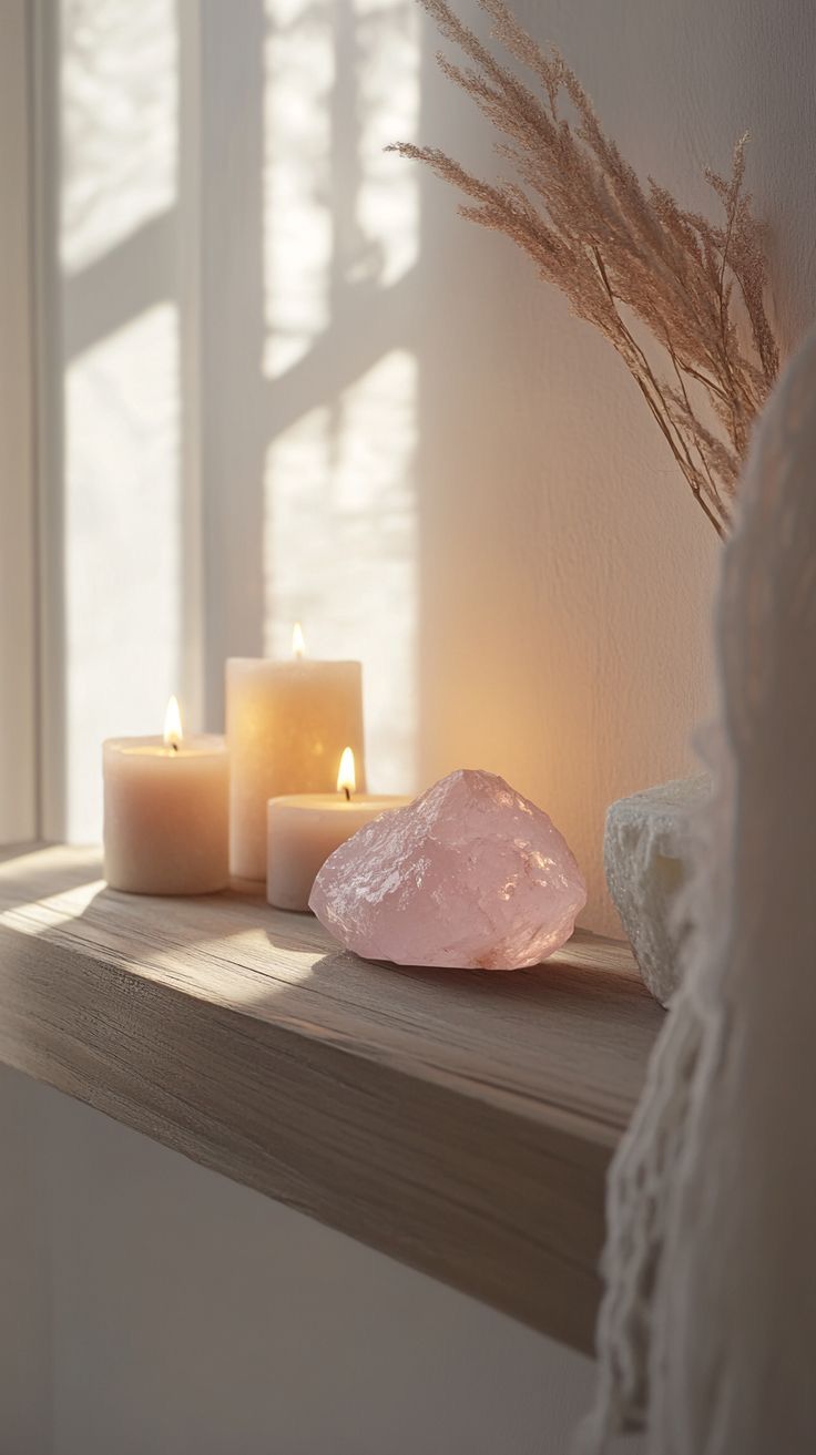 Fond zen avec bougies, cristal rose et pampa